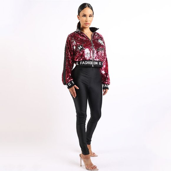 Sequin Cropped Embroidery Patches Varsity Bomber Jacket - Picture 7 of 11